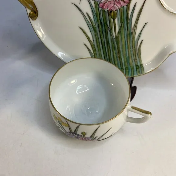 2 Kotobuki Snack Plate Shadow Geisha Tea Cup Eggshell Porcelain Floral Japan 50s